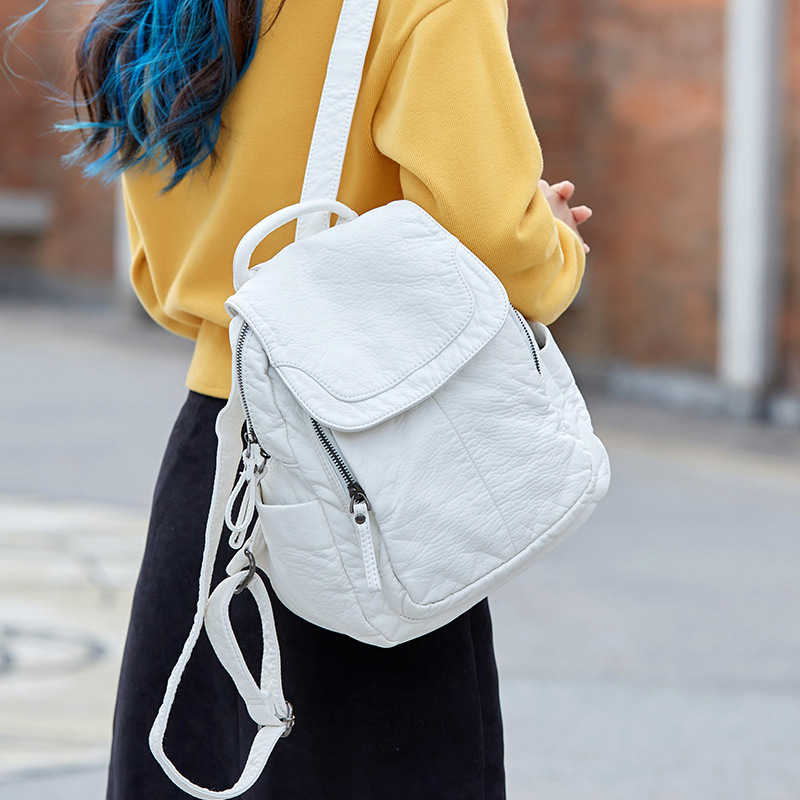 Fashion Backpack Women - Damesrugzak Witgewassen Leren Rugzak Dames Kleine